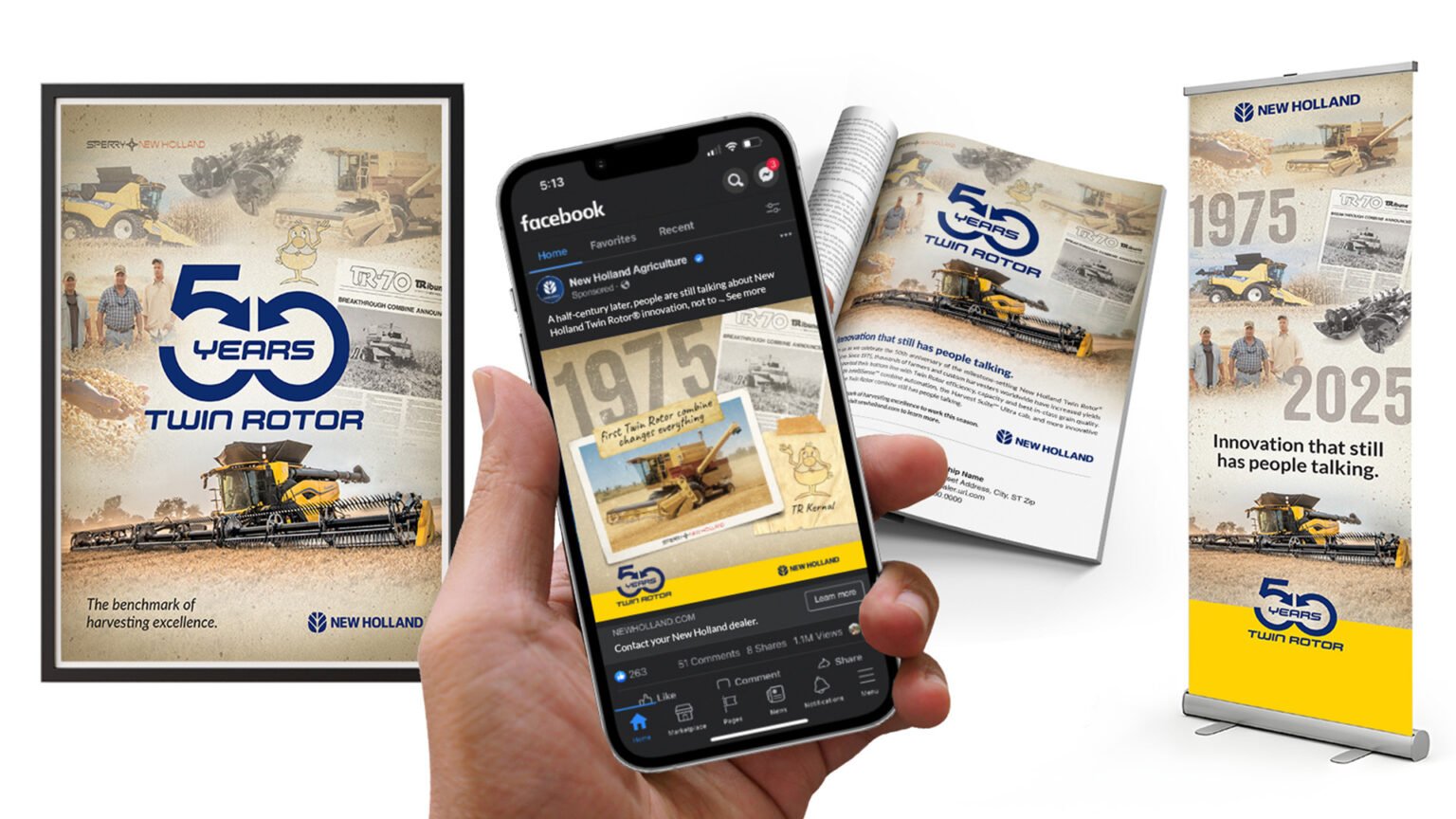 image show casing dealer promotions for the 50th anniversary, including posters, magazine ad and pop up banner