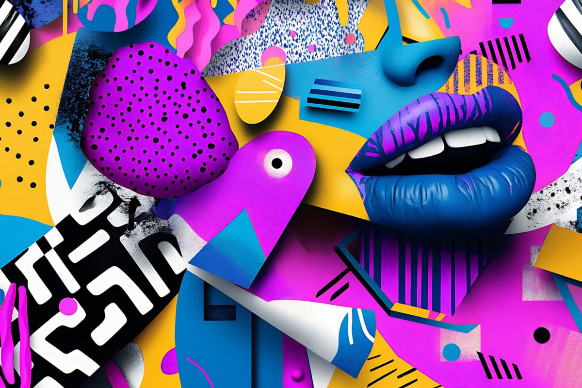 Vibrant abstract collage featuring bold geometric shapes bright