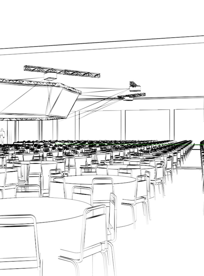 a sketch of a room with tables and chairs