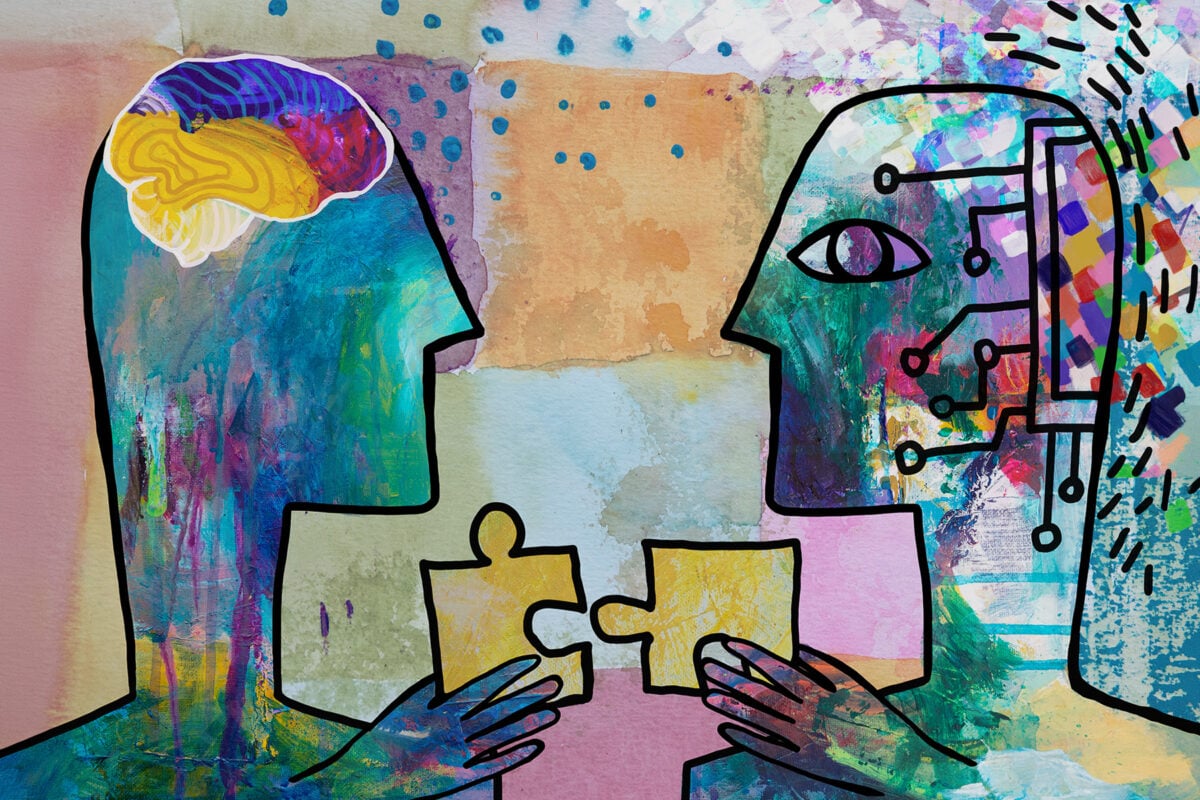 Robot and human cooperation. Connecting puzzle pieces. Solving problems.