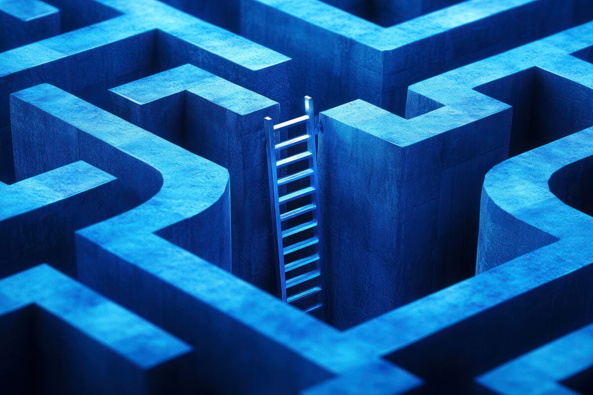 Concept of strategy ladder rising above maze of options