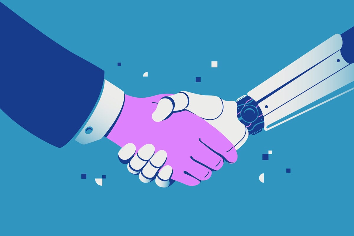 Handshake with a robot. Robot and businessman shaking hands. Collaboration between human and artificial intelligence.