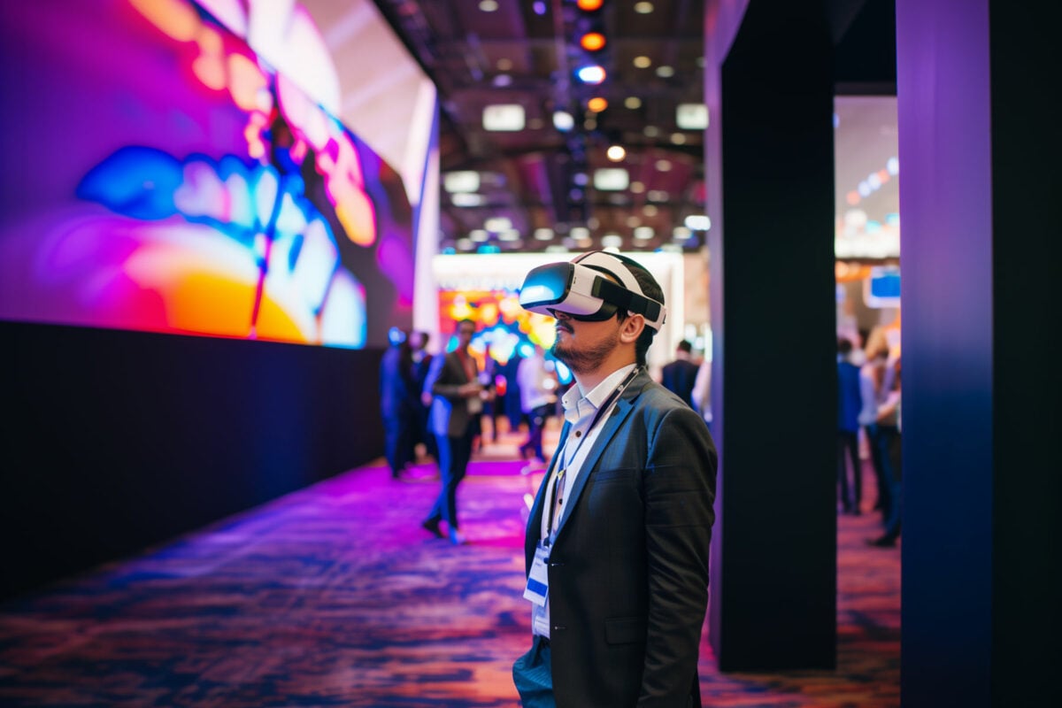 Man wearing a virtual headset at a B2B conference.