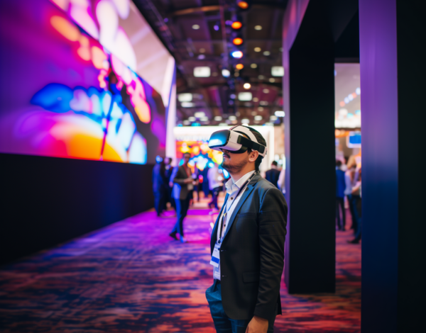 Man wearing a virtual headset at a B2B conference.