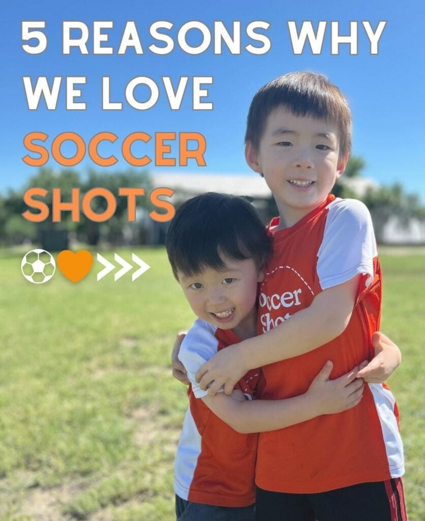two children hugging on soccer field with text that reads