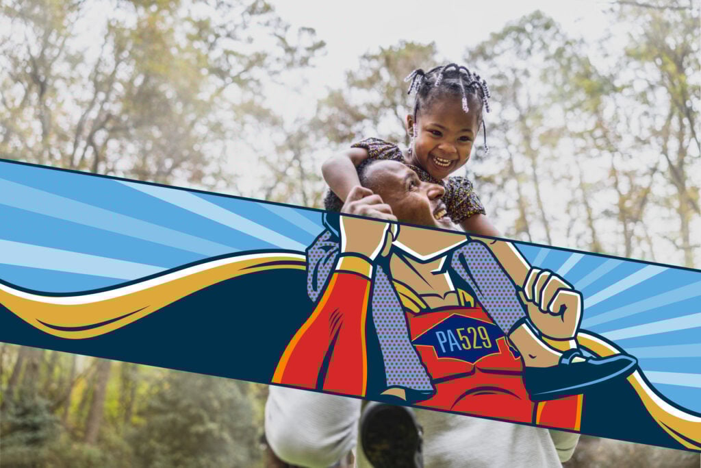 Man giving a piggy back ride to a young girl with a cartoon overlay of him wearing a superhero outfit