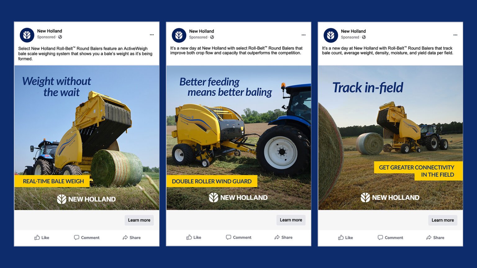 image of three meta static ads for the new holland products