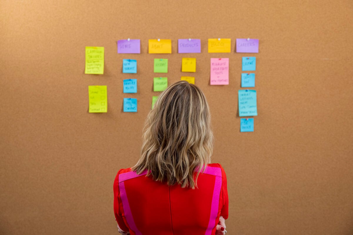 a person looking at a bulletin board with persony sticky notes