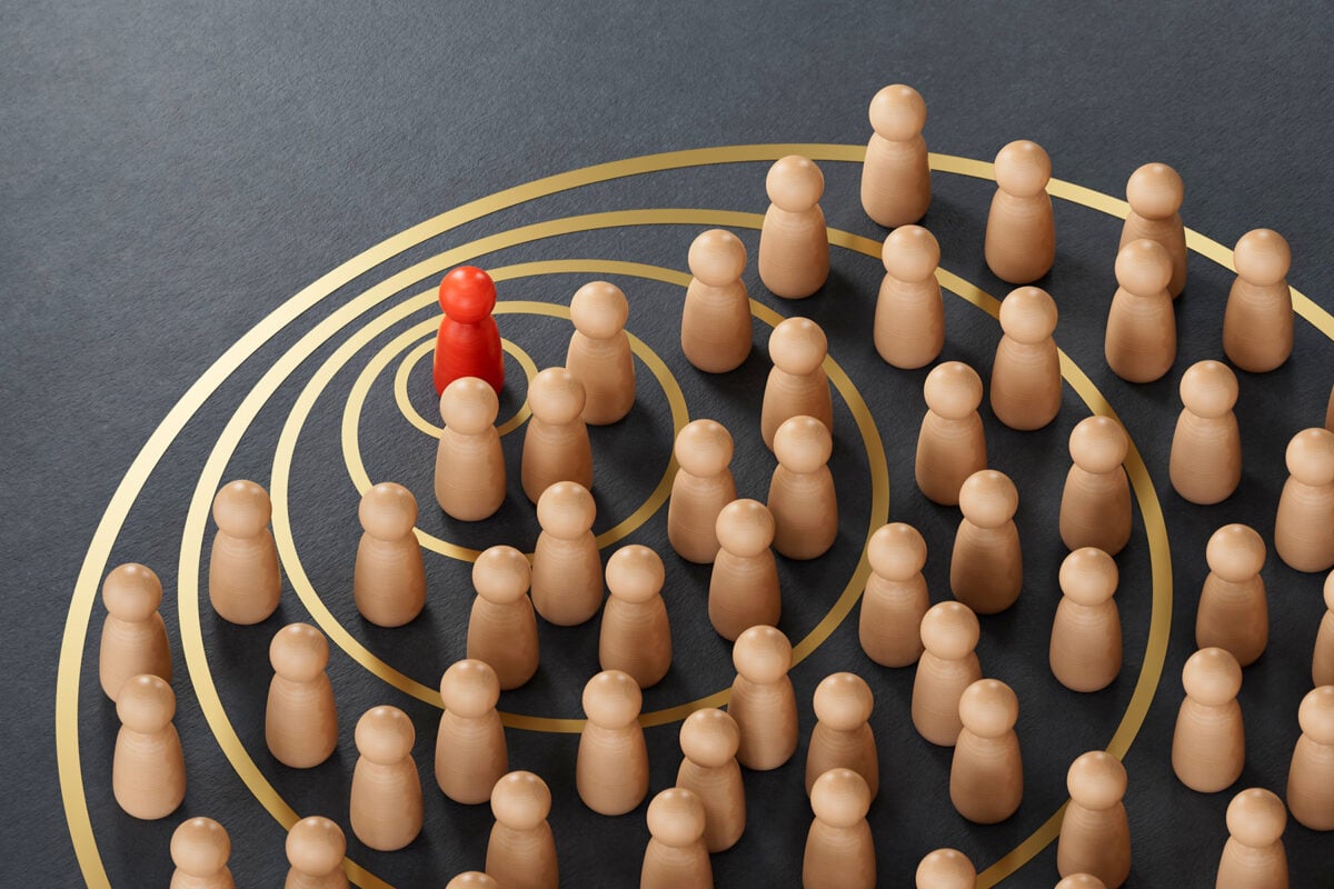 3D illustration of pawns with circles. Concept of influencer.