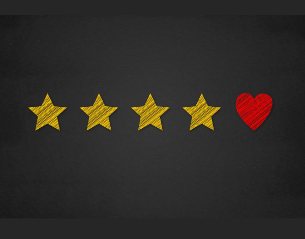 4 yellow stars and a red heart in a line on black background