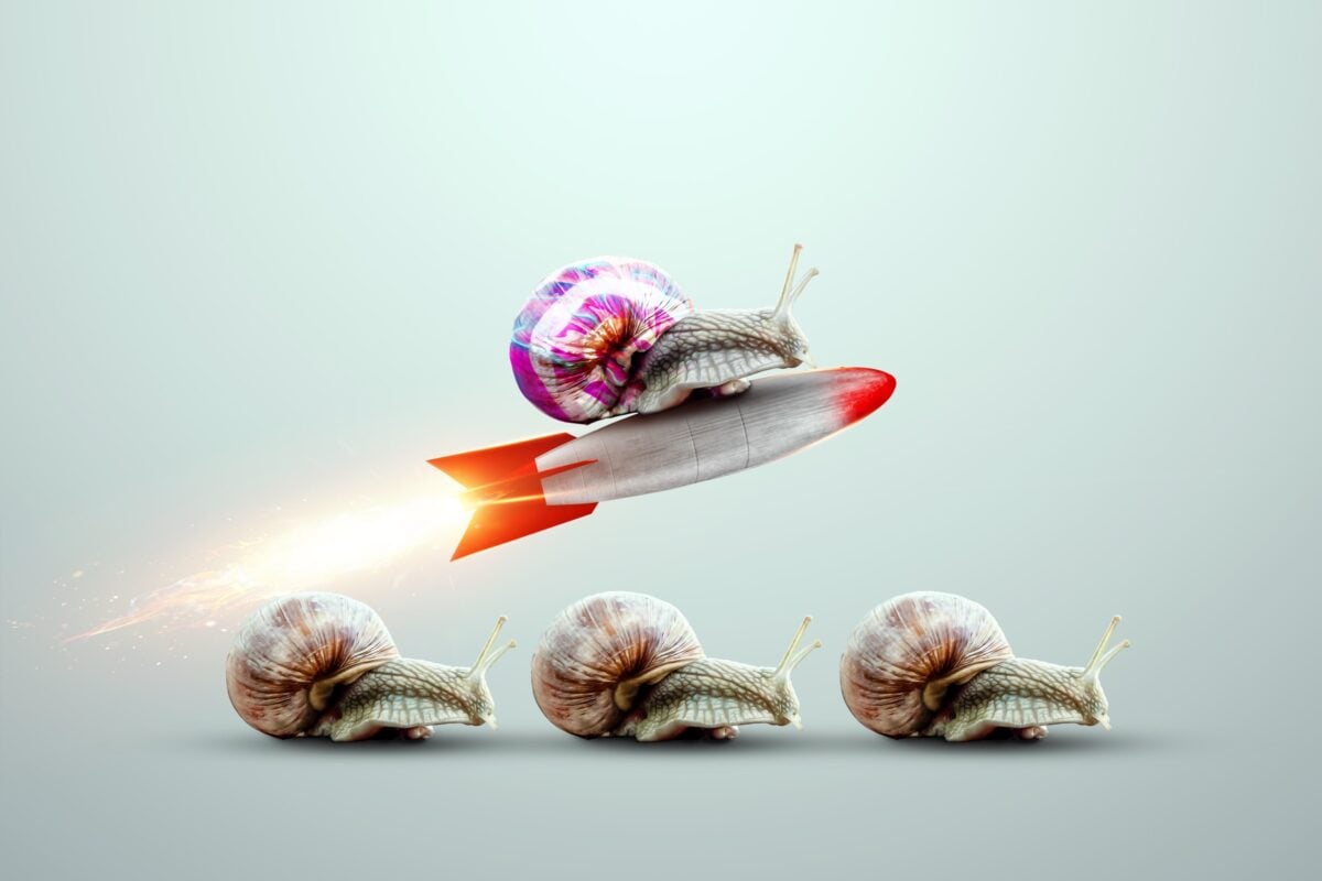 Uniqueness, a multi-colored snail takes off on a rocket against the background of snails. Competitive advantage, standing out from the crowd, thinking outside the box.