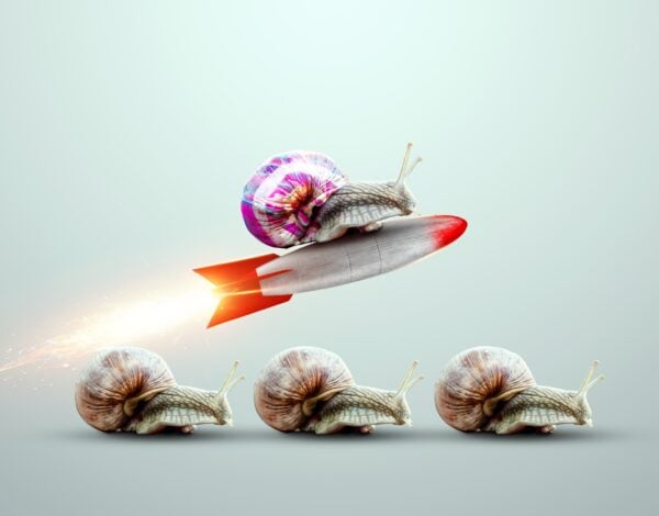 Uniqueness, a multi-colored snail takes off on a rocket against the background of snails. Competitive advantage, standing out from the crowd, thinking outside the box.