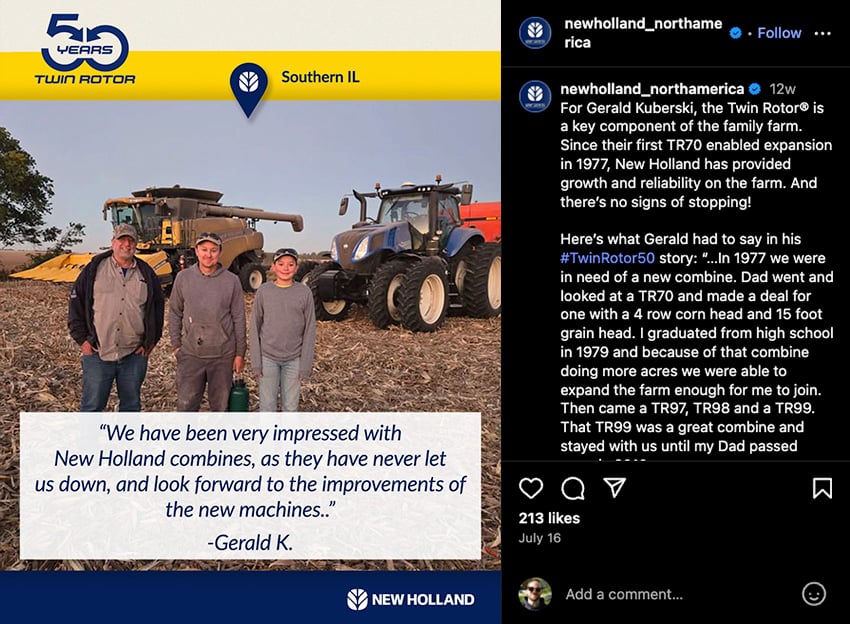New Holland 50 year anniversary post with testimonial